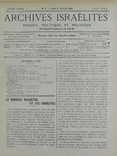Archives israélites de France. Vol.73 N°05 (01 févr. 1912)